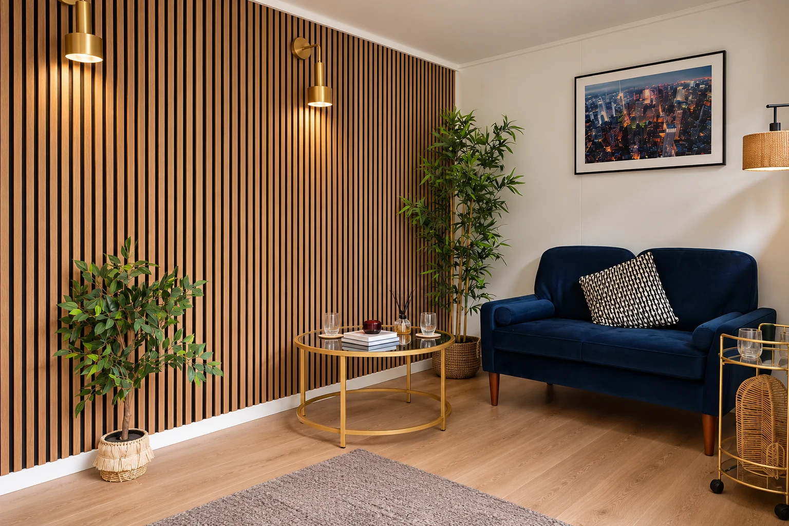 Showroom display room with a slatted timber wall, sofa and side table