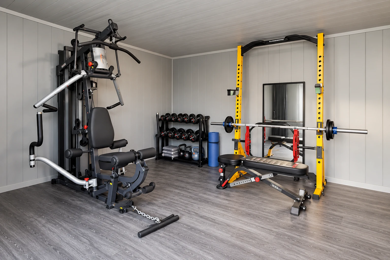 Home gym equipment inside the garden building at the Shropshire project
