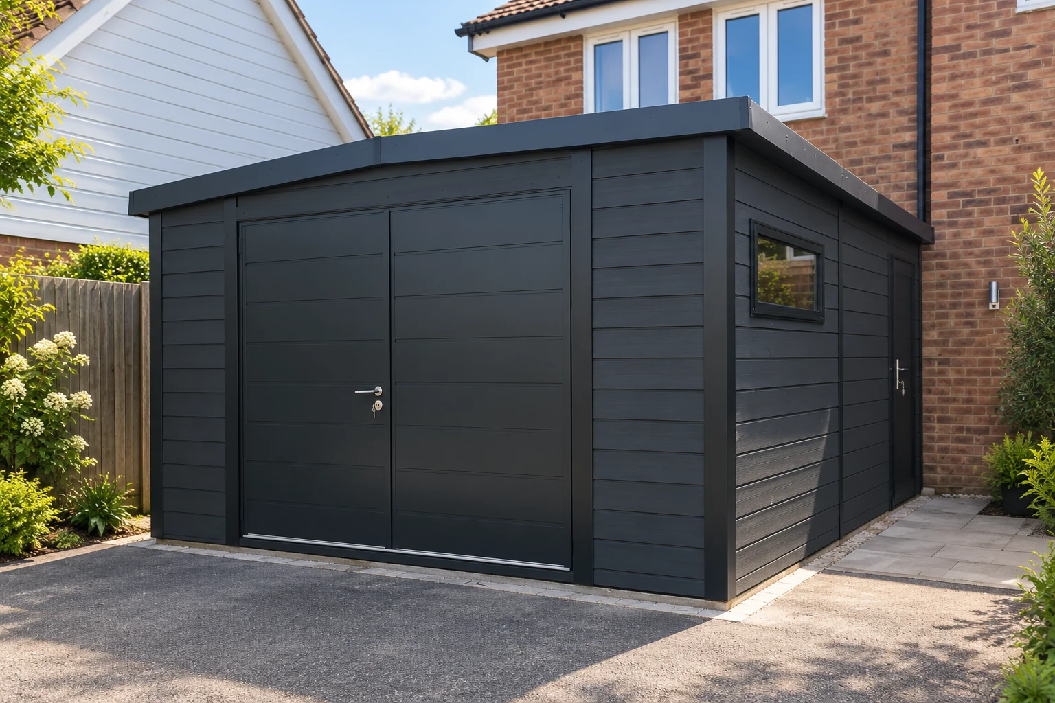 Black composite Silverstone garage on a driveway