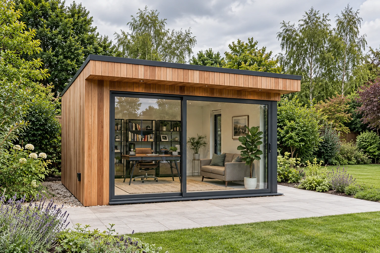 Cedar-clad Signature garden room with a deep front overhang and two anthracite sliding glazed doors