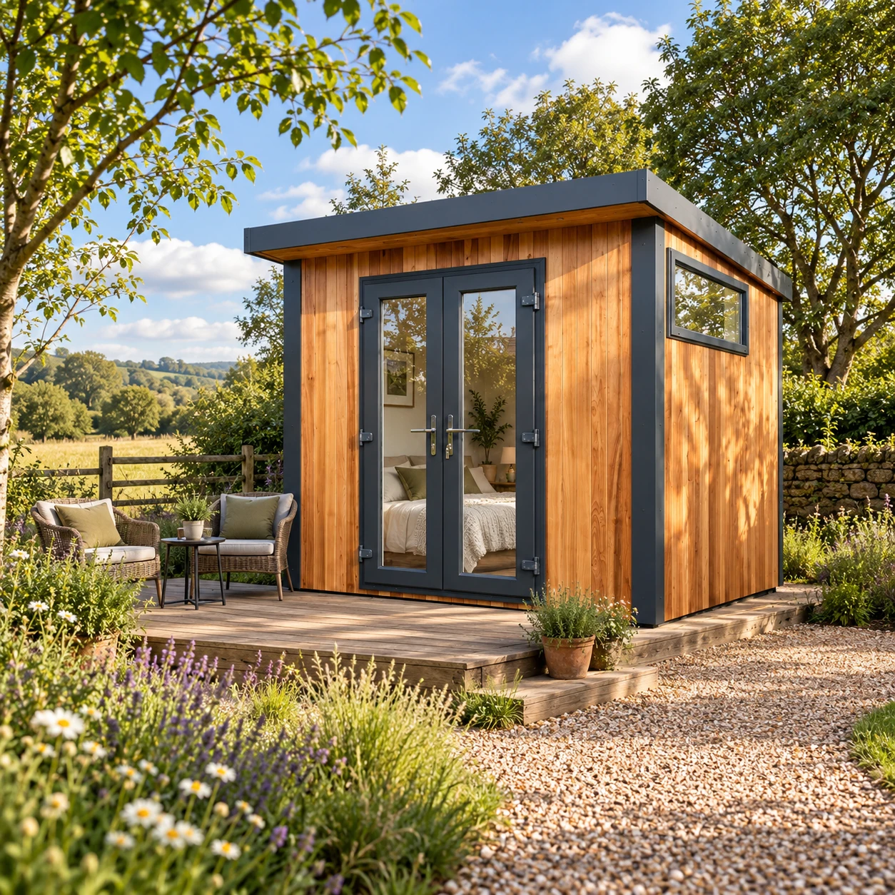 Cedar garden pod in a rural glamping setting