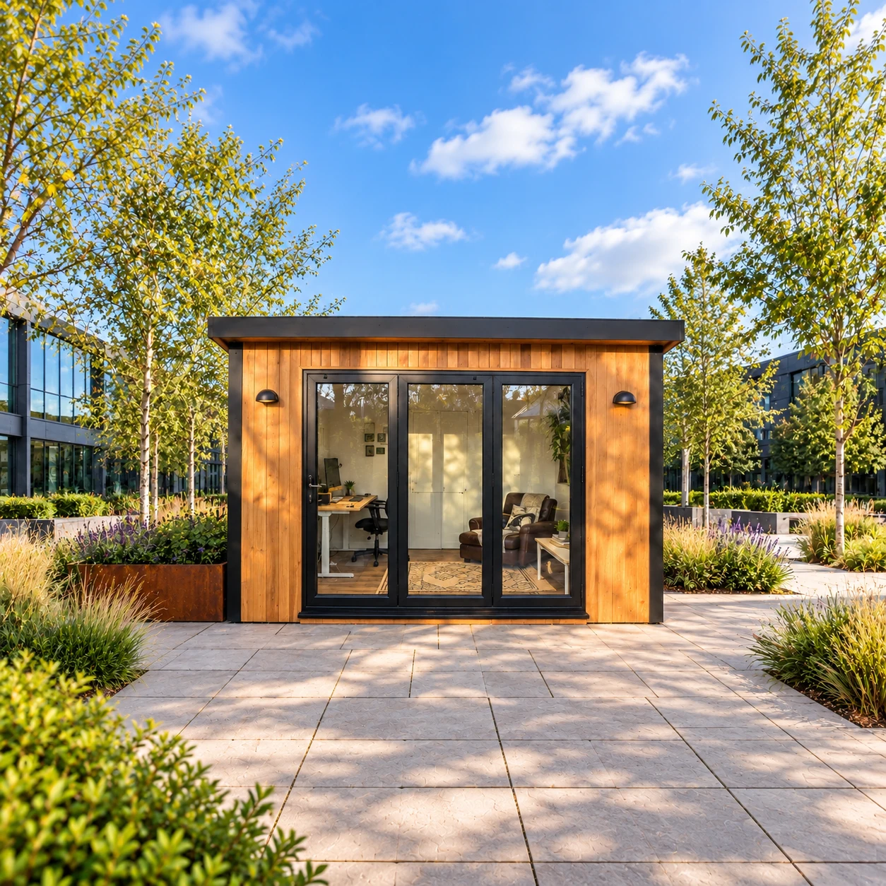Cedar-clad office in a landscaped business courtyard