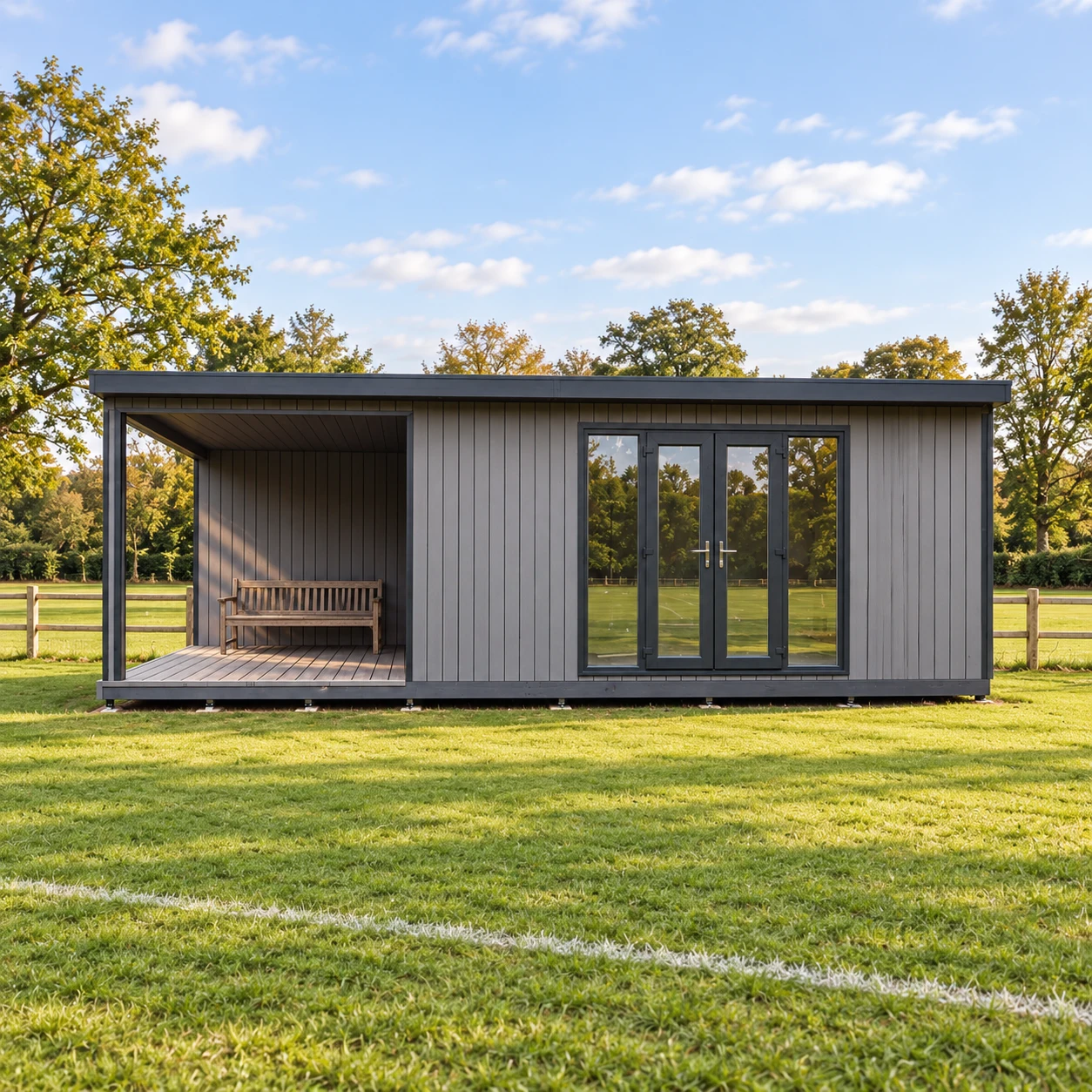 Grey-clad timber pavilion beside a sports field