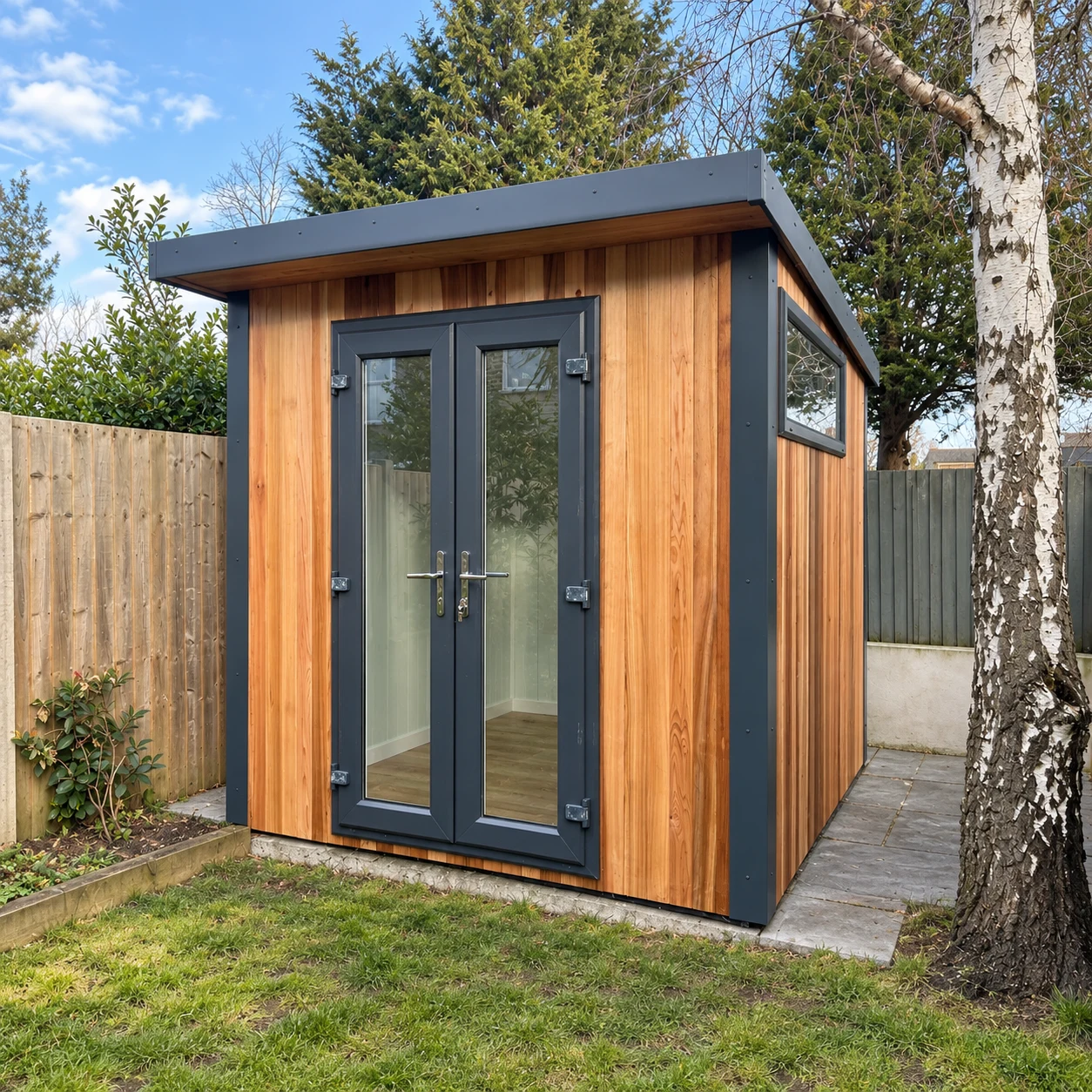 Cedar-clad garden pod with grey glazed doors beside a birch tree