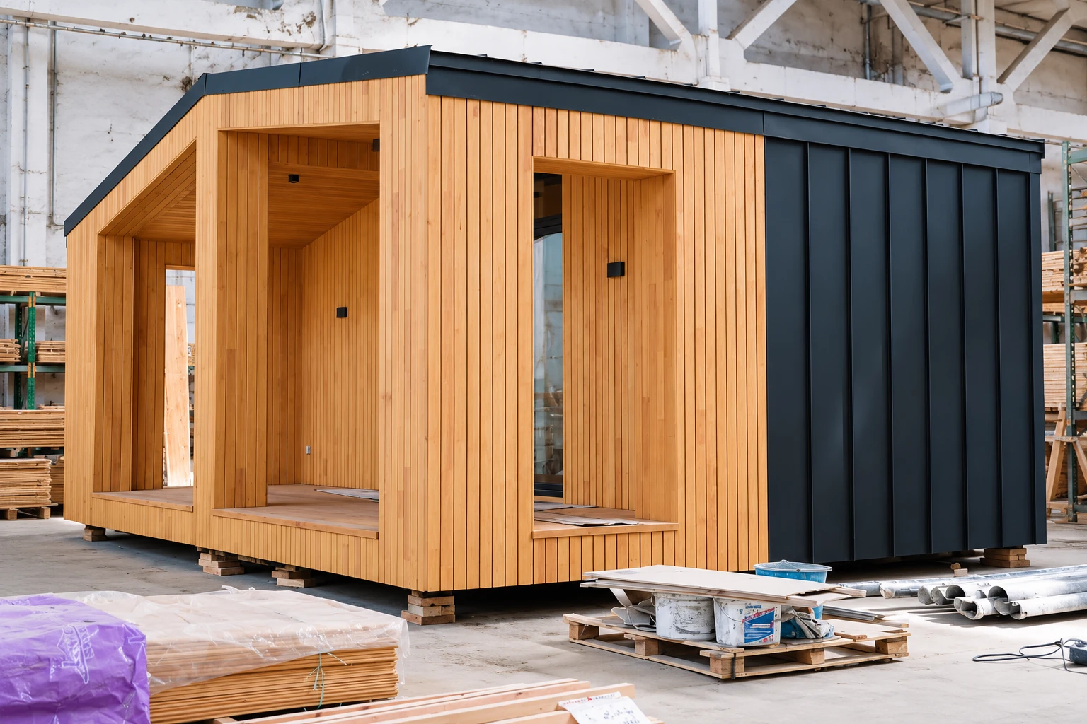 A cedar-clad garden room under construction in Noah's workshop