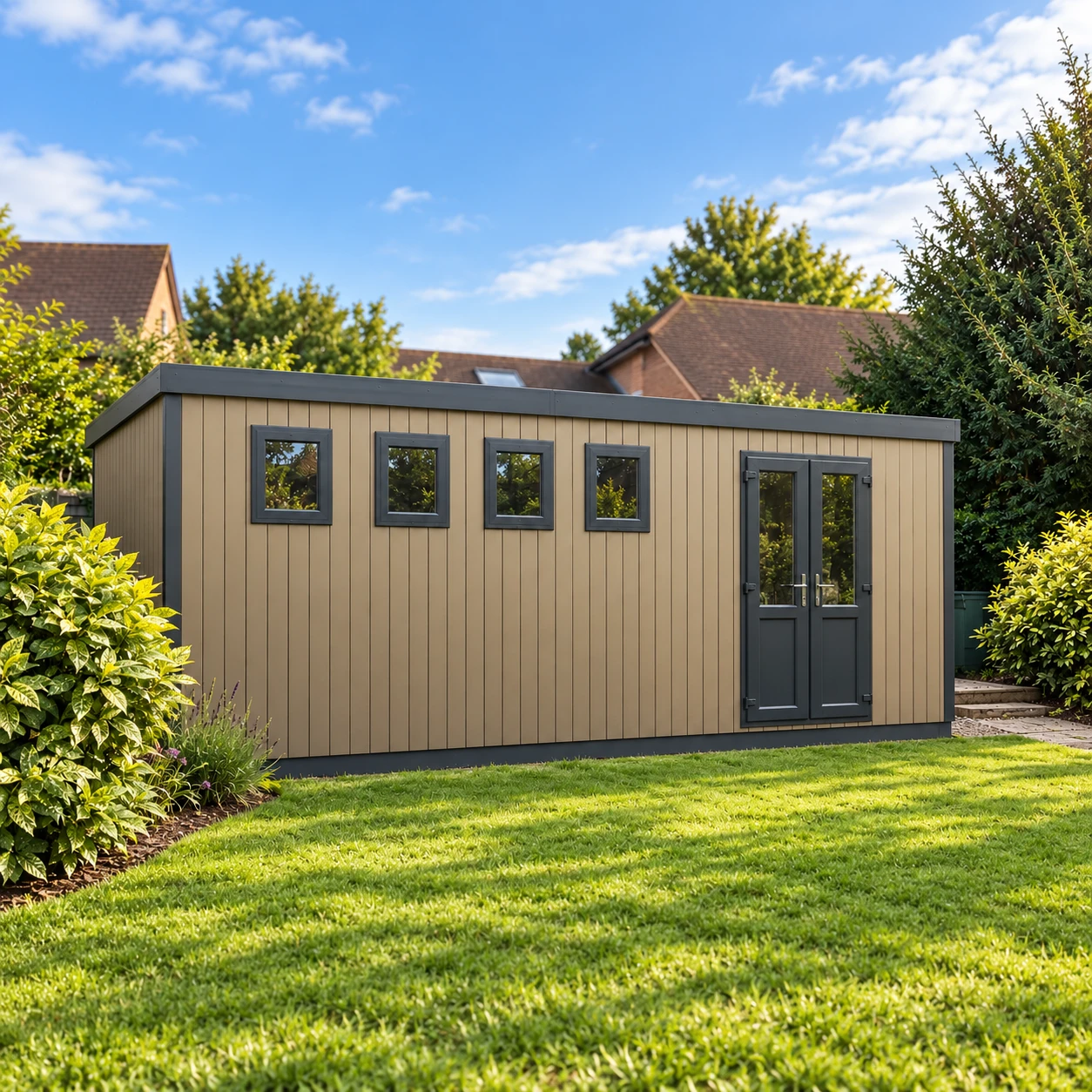Composite Cotswold workshop with double doors and a row of windows