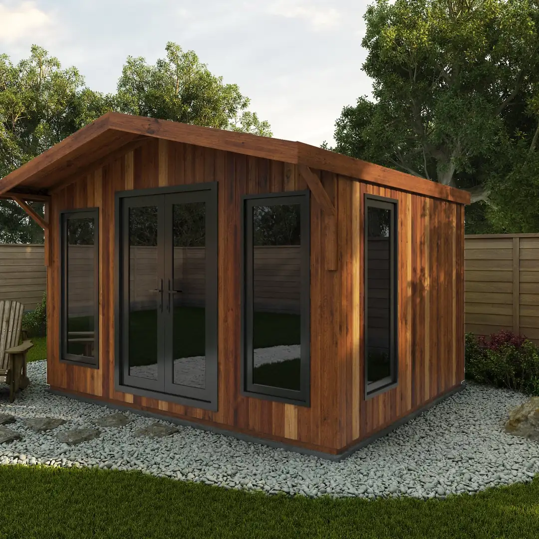 Cedar-clad Noah garden room with an apex roof, French doors and tall side windows