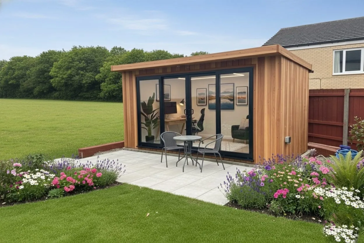 Cedar-clad Noah garden room with black bi-fold doors and a small patio with a bistro table
