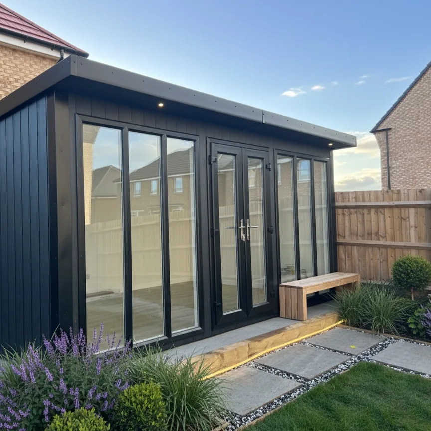 Black composite Noah garden room with French doors between full-height glazing
