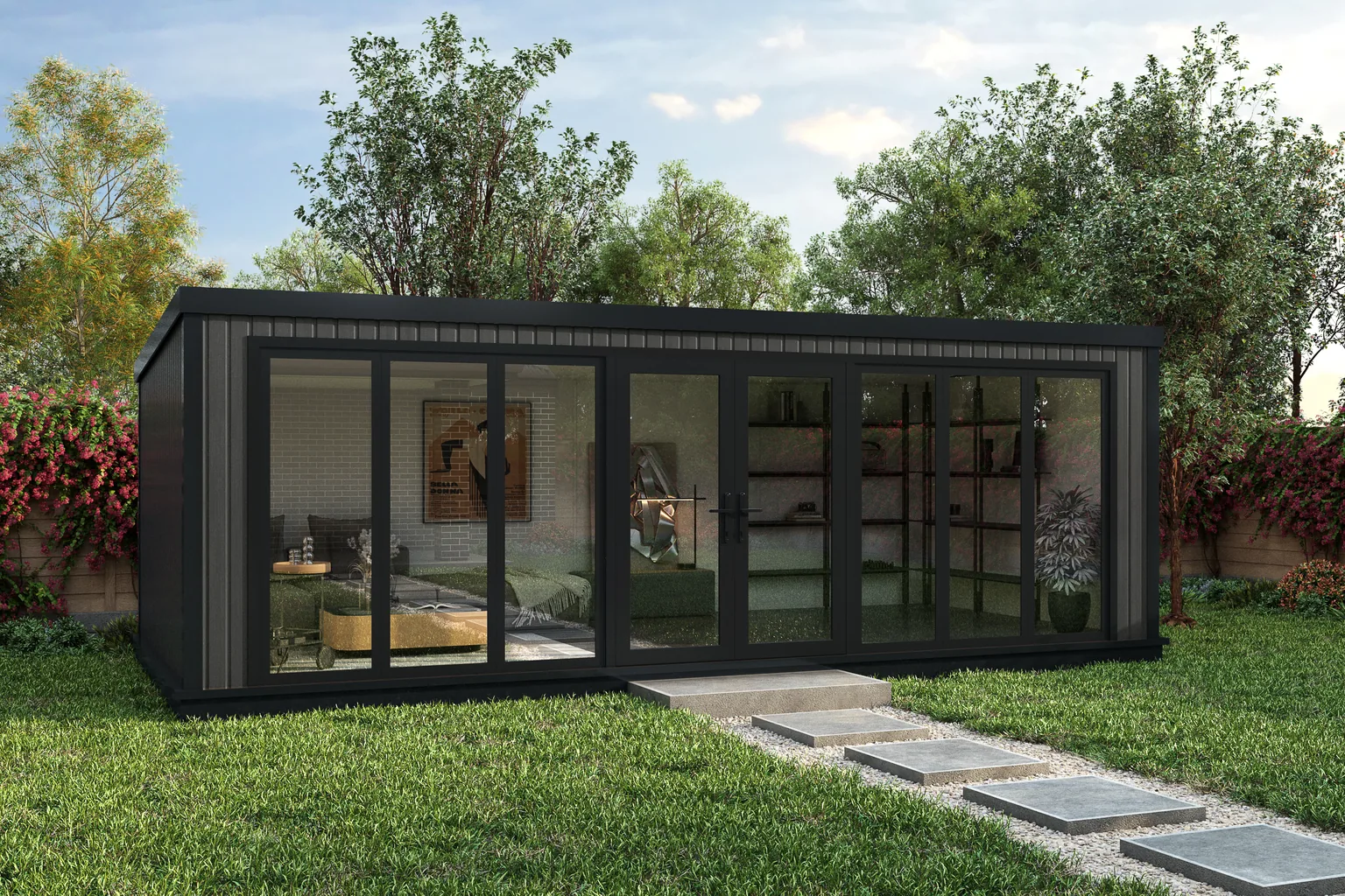 Modern charcoal composite log cabin by Noah with a long glazed front, set in a lawned garden
