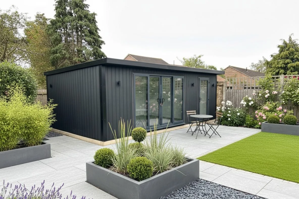 Charcoal composite Noah garden room with glazed doors, beside a planted patio