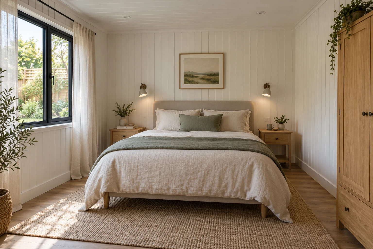 Garden annexe bedroom with a double bed, bedside tables and an oak wardrobe