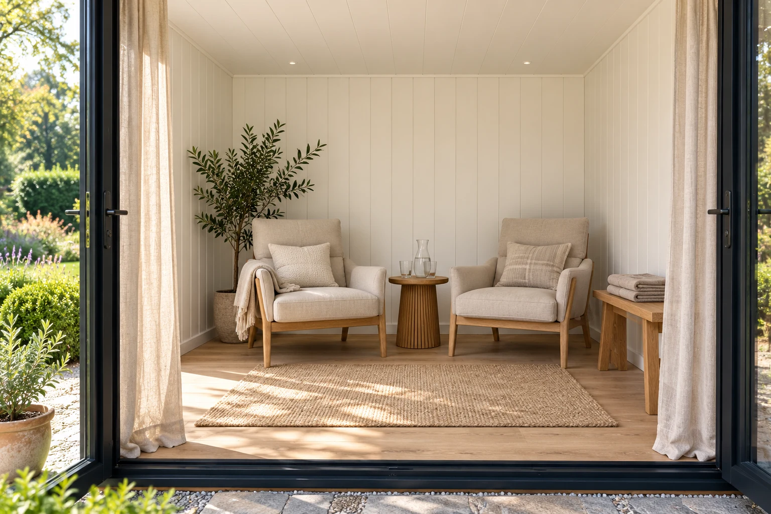 Dry garden spa relaxation room with two linen chairs and folded towels