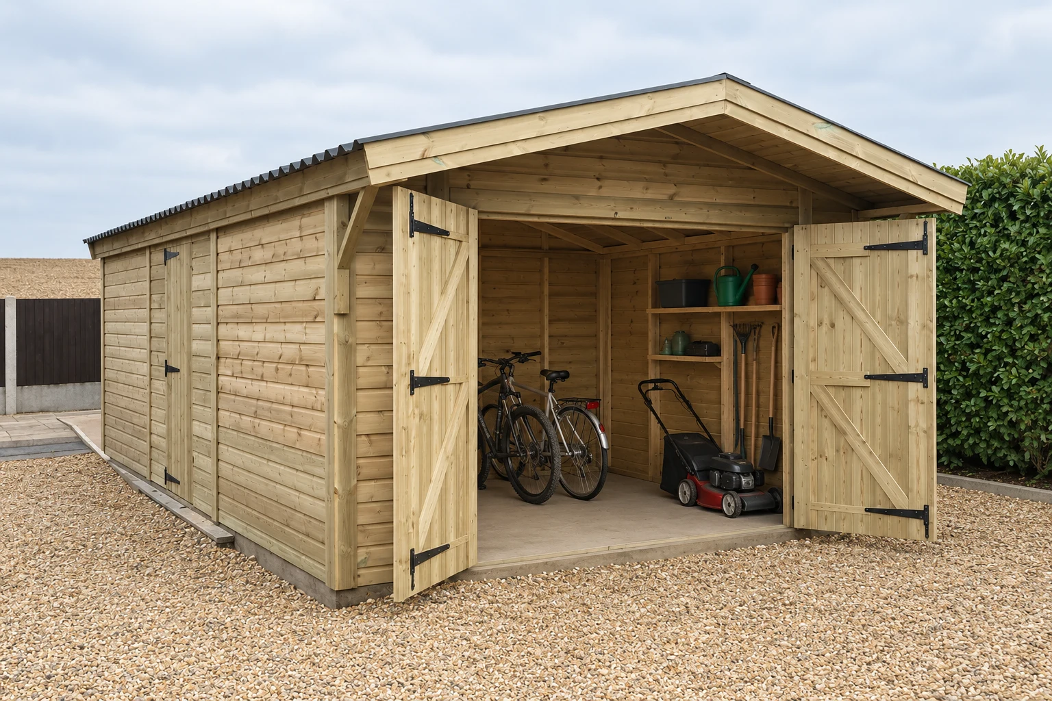 Open timber garden store with bicycles, a mower, shelving and hanging garden tools