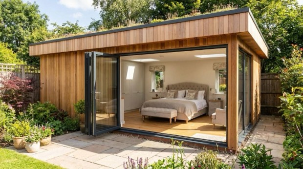 Cedar-clad garden annexe with open bifold doors revealing a double bed